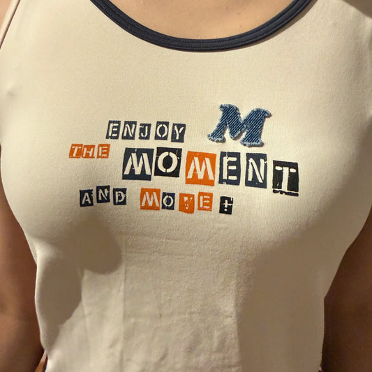 Y2K Graphic Tank Top "Enjoy the Moment" Beige Sleeveless (S)