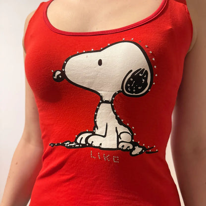 Y2K Red Snoopy Graphic Tank Top with Rhinestone Accents (S)