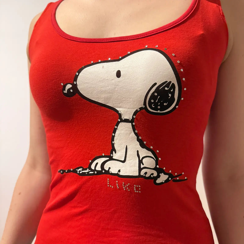 Y2K Red Snoopy Graphic Tank Top with Rhinestone Accents (S)