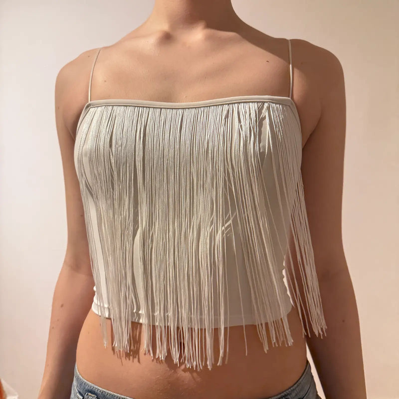 White Fringe Spaghetti Strap Crop Top – Y2K Festival Retro Style (XS)