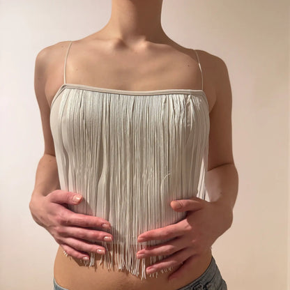 White Fringe Spaghetti Strap Crop Top – Y2K Festival Retro Style (XS)
