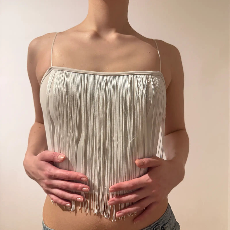 White Fringe Spaghetti Strap Crop Top – Y2K Festival Retro Style (XS)