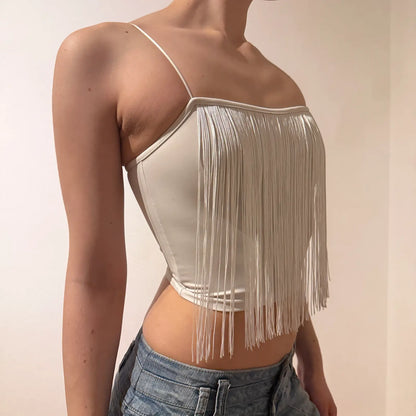 White Fringe Spaghetti Strap Crop Top – Y2K Festival Retro Style (XS)