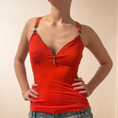 Red Zip Front Tank Top with Metal Strap Details – Retro Y2K Piece (S)