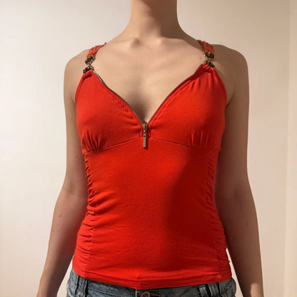Red Zip Front Tank Top with Metal Strap Details – Retro Y2K Piece (S)