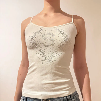 White Rhinestone S Logo Tank Top – Y2K Spaghetti Strap Camisole (S)