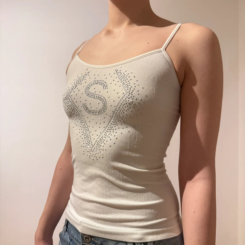 White Rhinestone S Logo Tank Top – Y2K Spaghetti Strap Camisole (S)