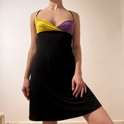Colorblock Slip Dress – Black with Yellow & Purple Bust Detail Y2K (S)
