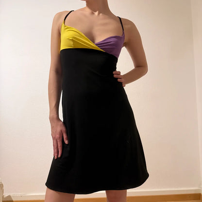 Colorblock Slip Dress – Black with Yellow & Purple Bust Detail Y2K (S)