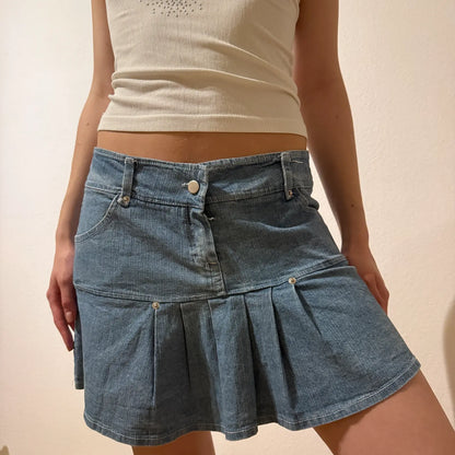 Pleated Denim Mini Skirt – 2000s Y2K Style (S)