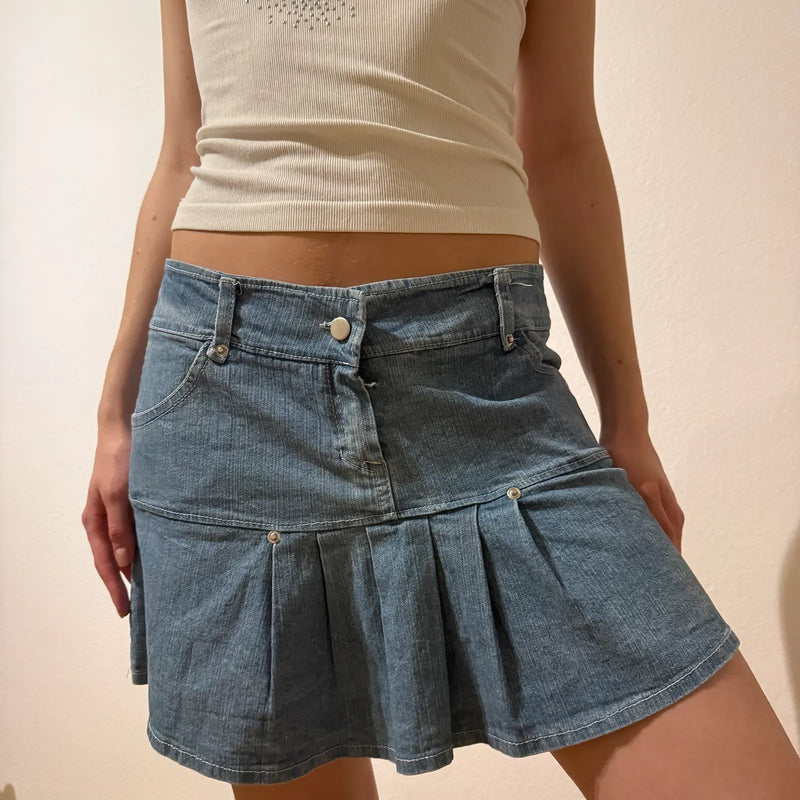 Pleated Denim Mini Skirt – 2000s Y2K Style (S)