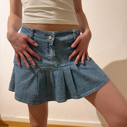 Pleated Denim Mini Skirt – 2000s Y2K Style (S)