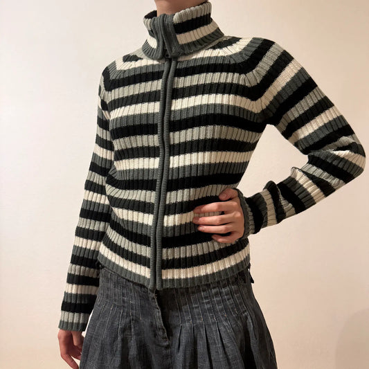 Striped Ribbed Zip-Up Sweater – Vintage Y2K Grunge Academia (S)