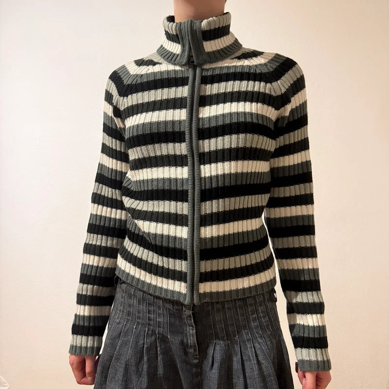 Striped Ribbed Zip-Up Sweater – Vintage Y2K Grunge Academia (S)
