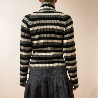 Striped Ribbed Zip-Up Sweater – Vintage Y2K Grunge Academia (S)