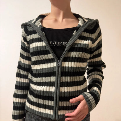 Striped Ribbed Zip-Up Sweater – Vintage Y2K Grunge Academia (S)