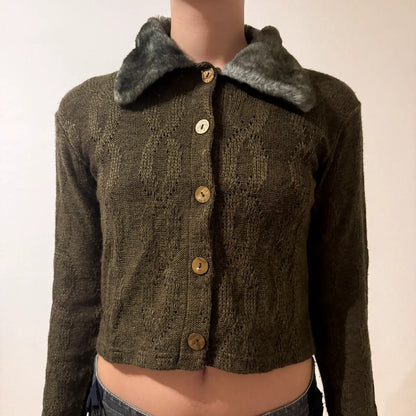 Olive Green Knit Cardigan with Faux Fur Collar – Vintage Y2K Cozy Chic (S)