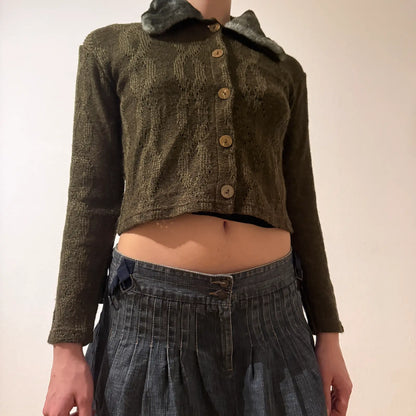 Olive Green Knit Cardigan with Faux Fur Collar – Vintage Y2K Cozy Chic (S)