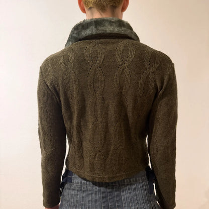 Olive Green Knit Cardigan with Faux Fur Collar – Vintage Y2K Cozy Chic (S)