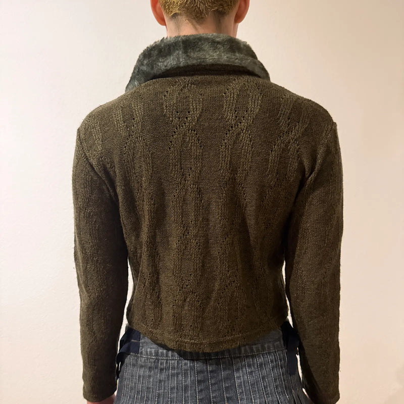 Olive Green Knit Cardigan with Faux Fur Collar – Vintage Y2K Cozy Chic (S)