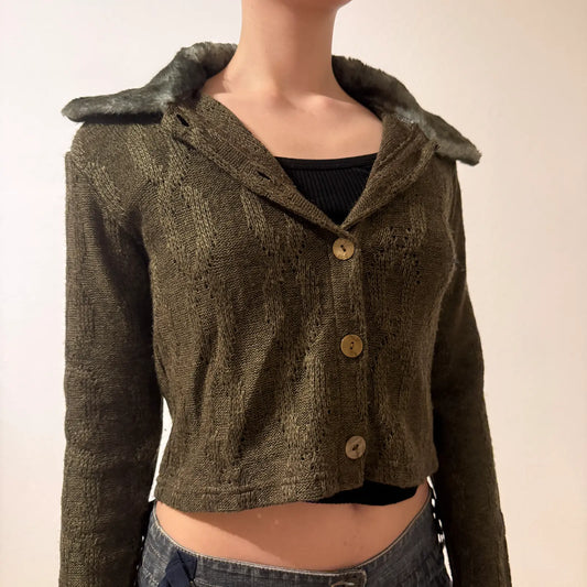 Olive Green Knit Cardigan with Faux Fur Collar – Vintage Y2K Cozy Chic (S)