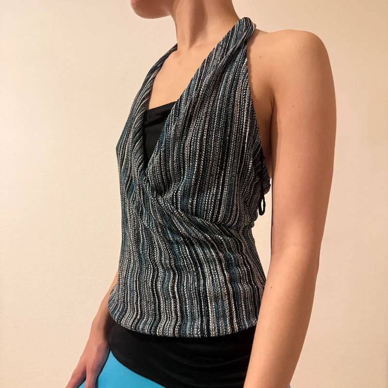 Striped Metallic Halter Top – Vintage Y2K Clubwear (S)