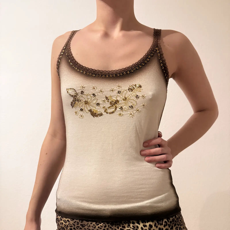 Gold Embellished Cami Top – Vintage Y2K Glam Tank (S)