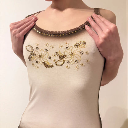 Gold Embellished Cami Top – Vintage Y2K Glam Tank (S)