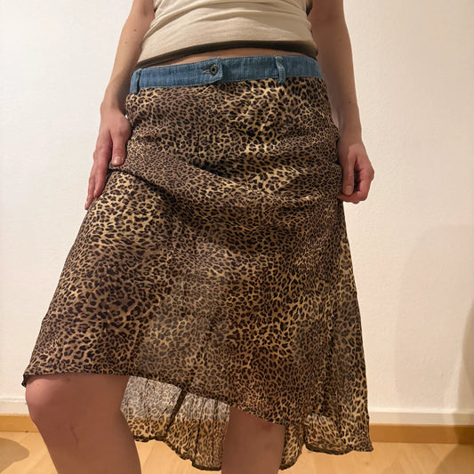 Leopard Mesh Midi Skirt with Denim Waistband – Vintage Y2K Layered Look (S/M)