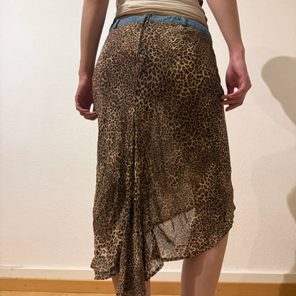 Leopard Mesh Midi Skirt with Denim Waistband – Vintage Y2K Layered Look (S/M)
