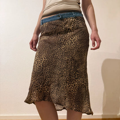 Leopard Mesh Midi Skirt with Denim Waistband – Vintage Y2K Layered Look (S/M)