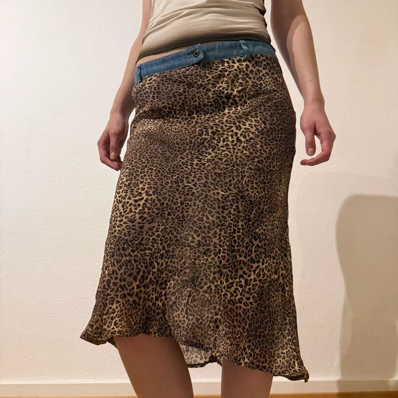 Leopard Mesh Midi Skirt with Denim Waistband – Vintage Y2K Layered Look (S/M)