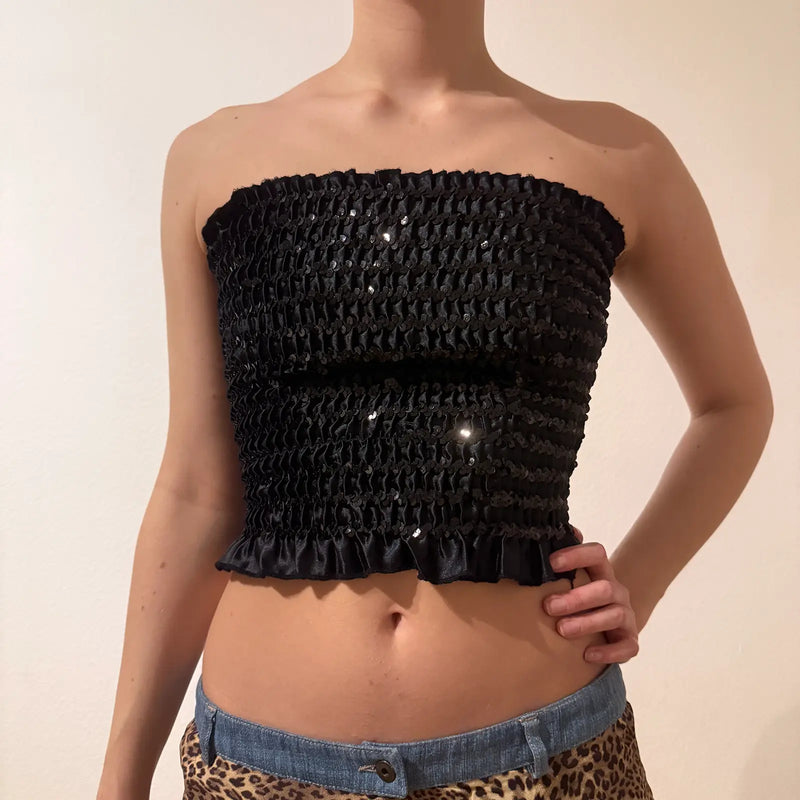 Vintage Y2K Party Essential  - Black Sequin Tube Top (S)