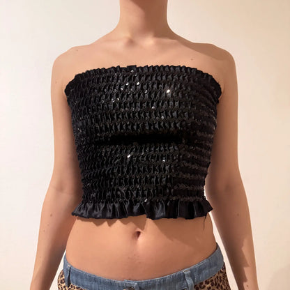 Vintage Y2K Party Essential  - Black Sequin Tube Top (S)
