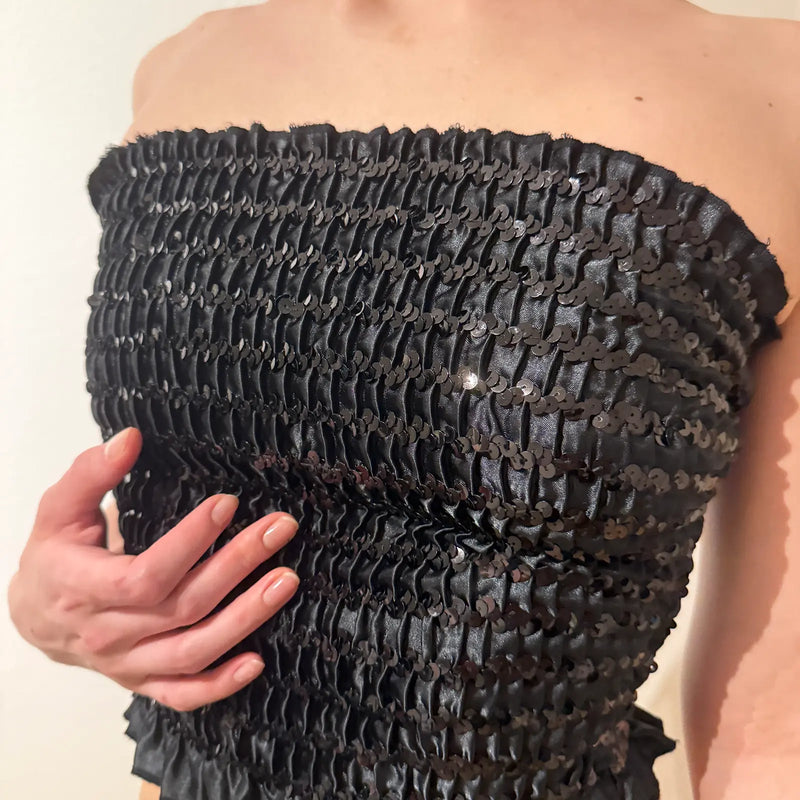 Vintage Y2K Party Essential  - Black Sequin Tube Top (S)