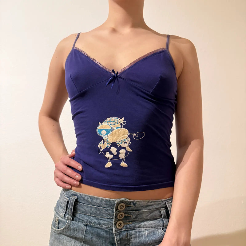 Purple Cartoon Print Cami Top – Vintage Y2K Cute Baby Tee Style (S)