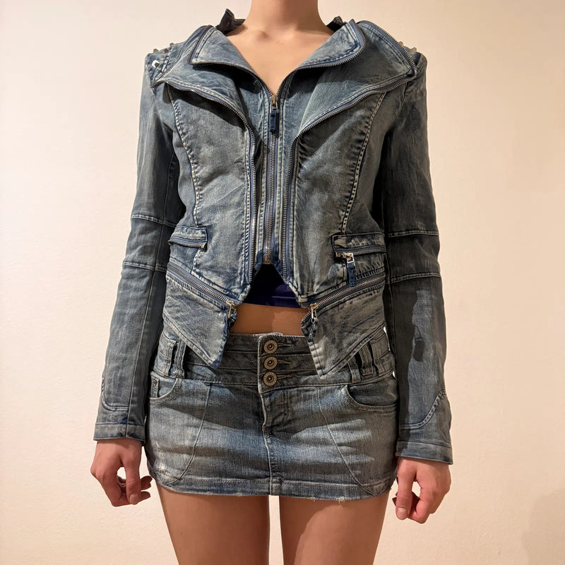 Fitted Washed Denim Jacket – Vintage Y2K Moto Style (S)