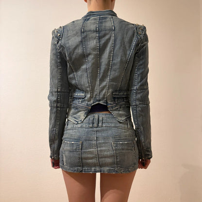 Fitted Washed Denim Jacket – Vintage Y2K Moto Style (S)