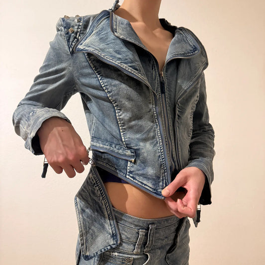 Fitted Washed Denim Jacket – Vintage Y2K Moto Style (S)