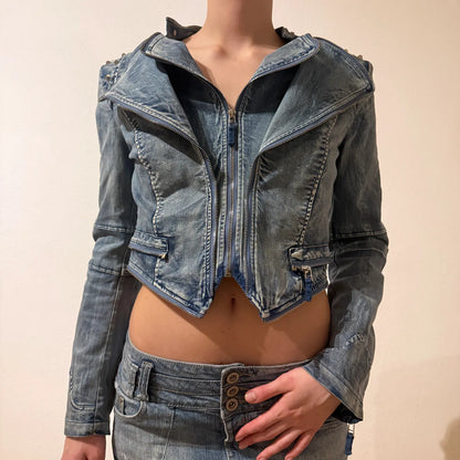 Fitted Washed Denim Jacket – Vintage Y2K Moto Style (S)