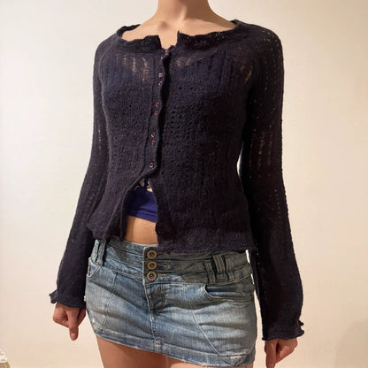 Sheer Black Knit Cardigan – Vintage Y2K Coquette Grunge (S)