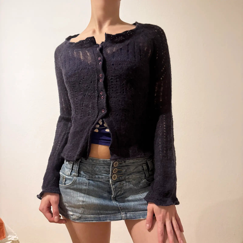 Sheer Black Knit Cardigan – Vintage Y2K Coquette Grunge (S)