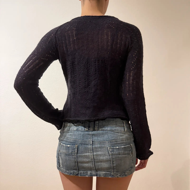 Sheer Black Knit Cardigan – Vintage Y2K Coquette Grunge (S)