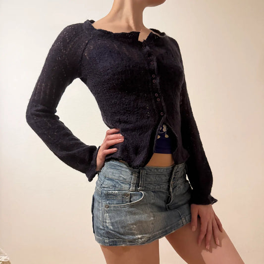 Sheer Black Knit Cardigan – Vintage Y2K Coquette Grunge (S)