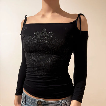 Vintage Y2K Night-Out Glam  - Black Off-Shoulder Rhinestone Top (S)