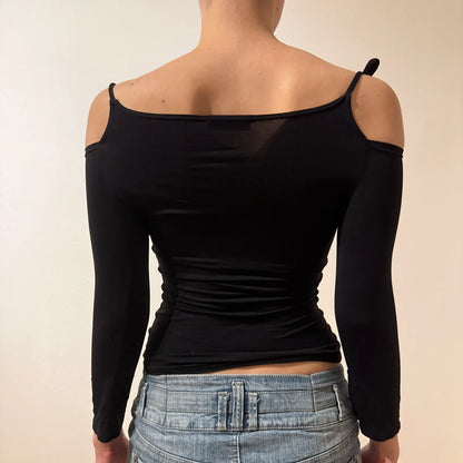 Vintage Y2K Night-Out Glam  - Black Off-Shoulder Rhinestone Top (S)
