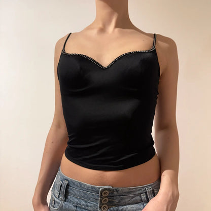 Vintage Y2K Glam  - Black Satin Cami Top with Rhinestone Trim (S)