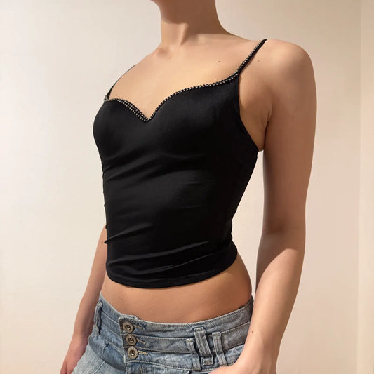 Vintage Y2K Glam  - Black Satin Cami Top with Rhinestone Trim (S)
