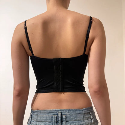 Vintage Y2K Glam  - Black Satin Cami Top with Rhinestone Trim (S)