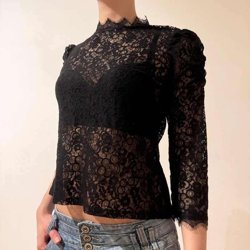 Black Lace Sheer Top – Vintage Y2K Romantic Goth (S)
